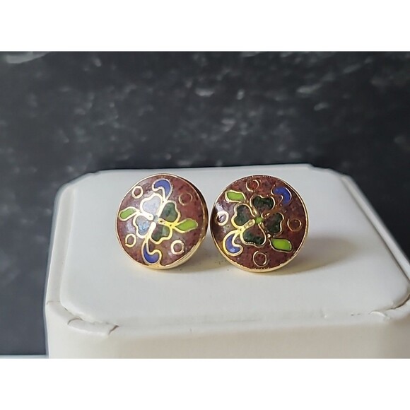 Cloisonne Enamel Floral Circular Stud Earrings Vintage, READ - Picture 4 of 10